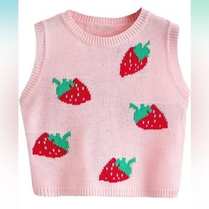 Pale Pink Strawberry Sleeveless Crop Sweater Vest 🍓